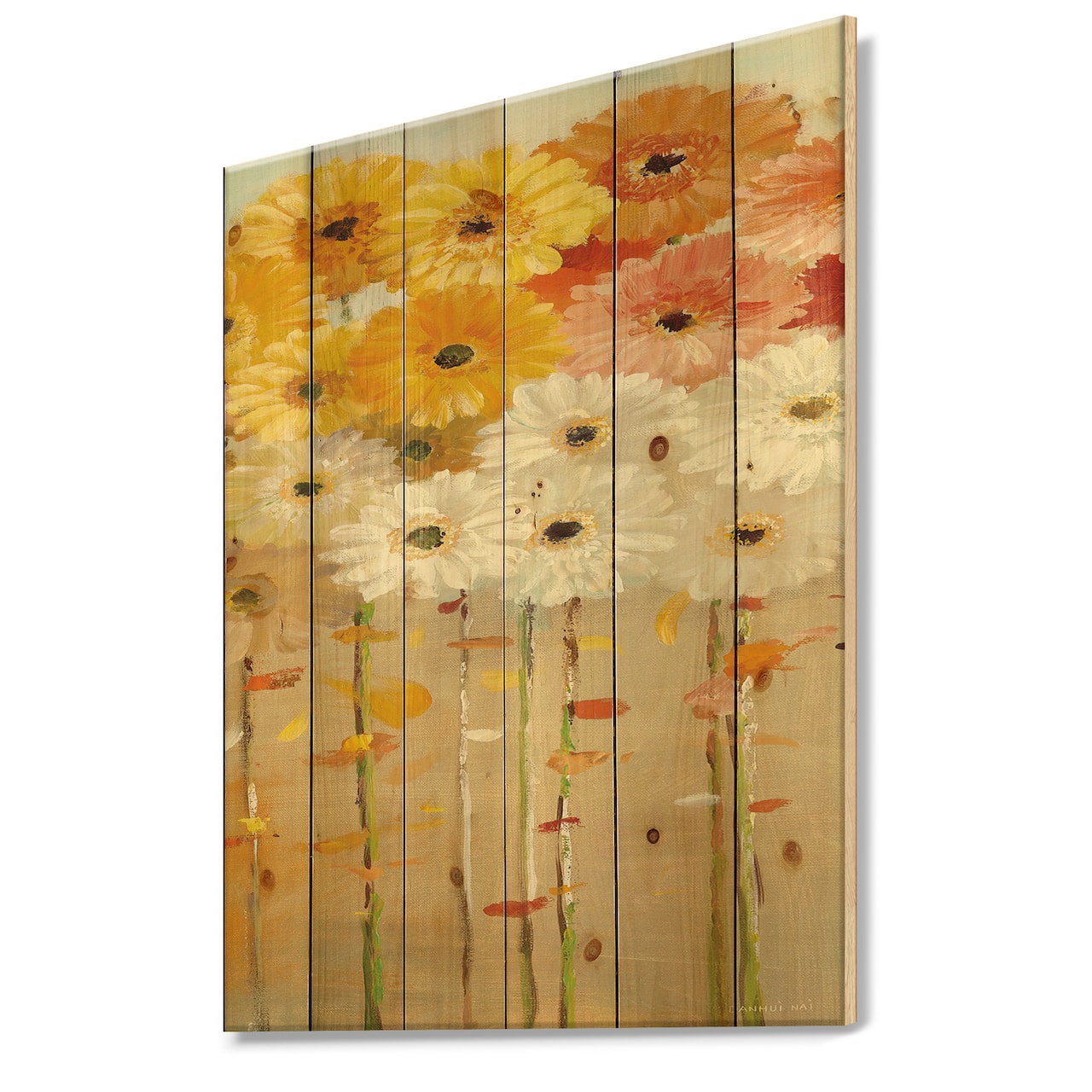 Designart - Daisies Fall I - Floral & Botanical Print on Natural Pine Wood